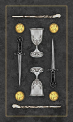 Set of fantasy weapons and goblets on a dark background