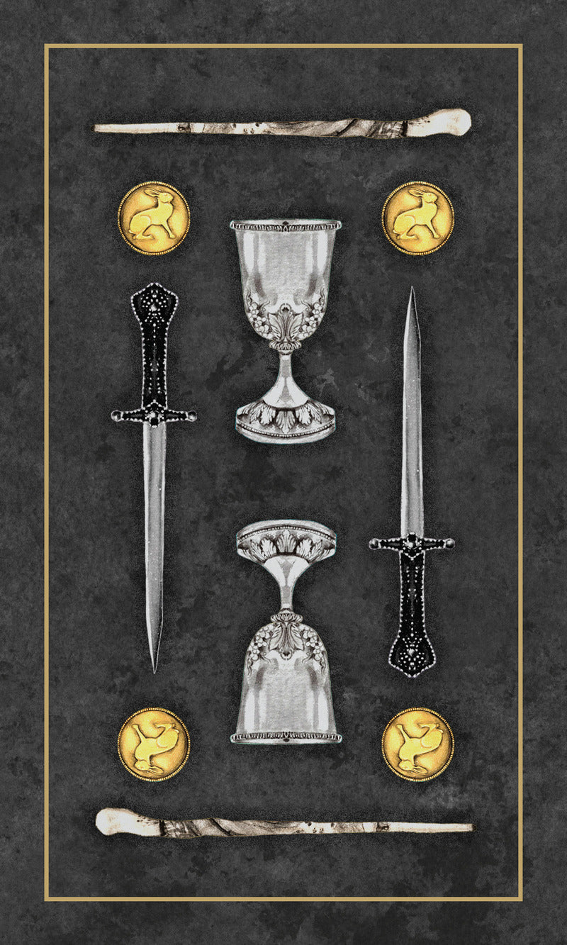 Set of fantasy weapons and goblets on a dark background