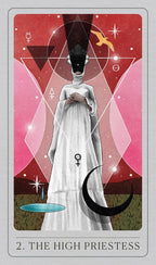 Tarot card titled 'The High Priestess' with a figure in a white robe against a red and pink geometric background.