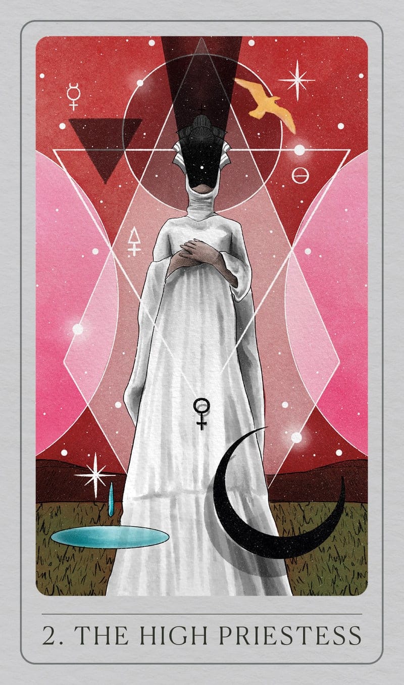 Tarot card titled 'The High Priestess' with a figure in a white robe against a red and pink geometric background.