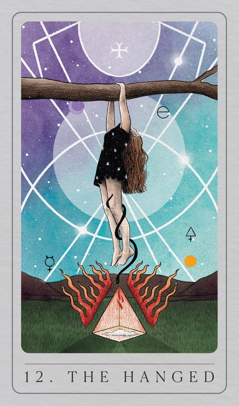 Tarot card titled 'The Hanged' with a person hanging from a branch over two flames against a starry sky.