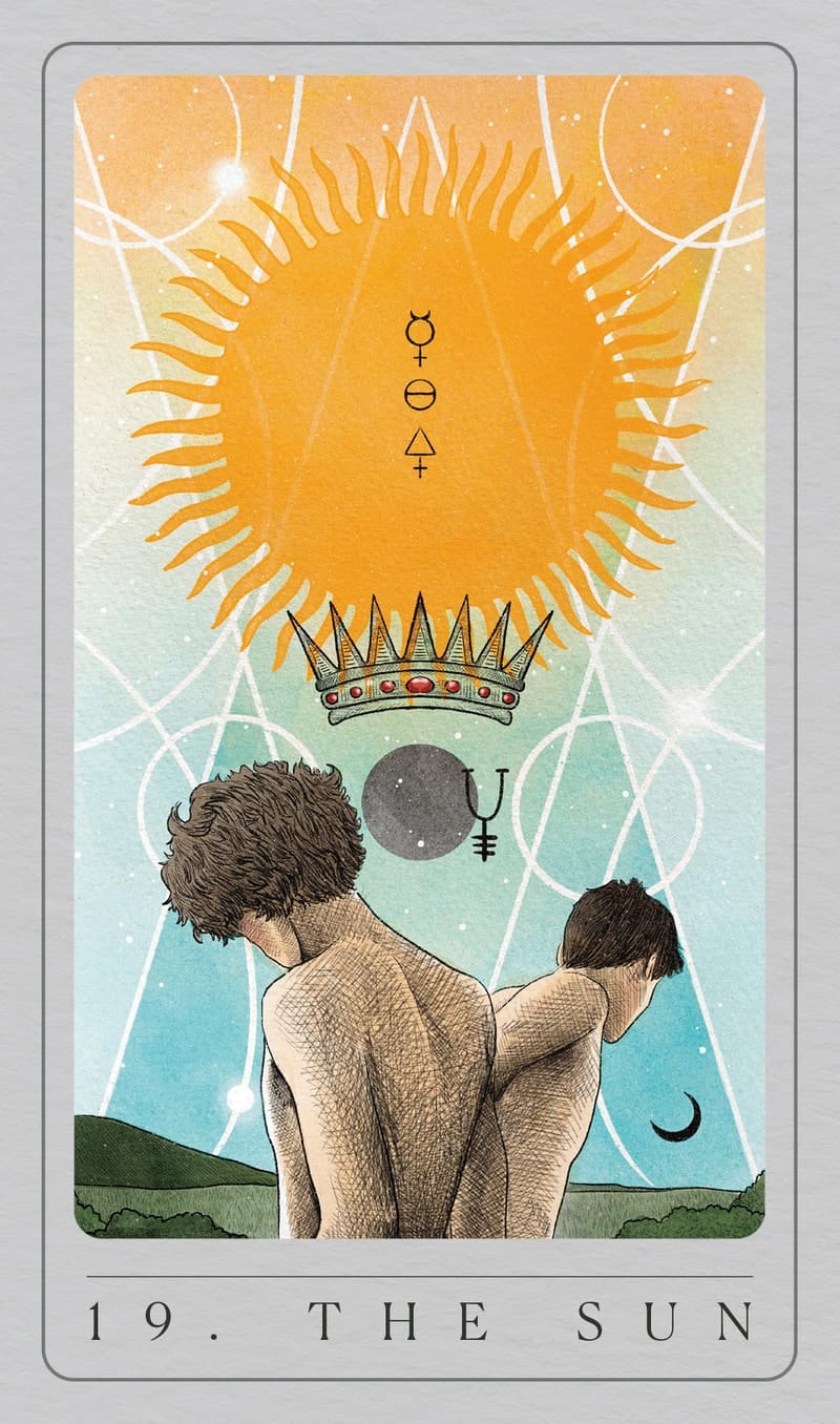 Tarot card titled 'The Sun' with a stylized sun, moon, and earth symbols.