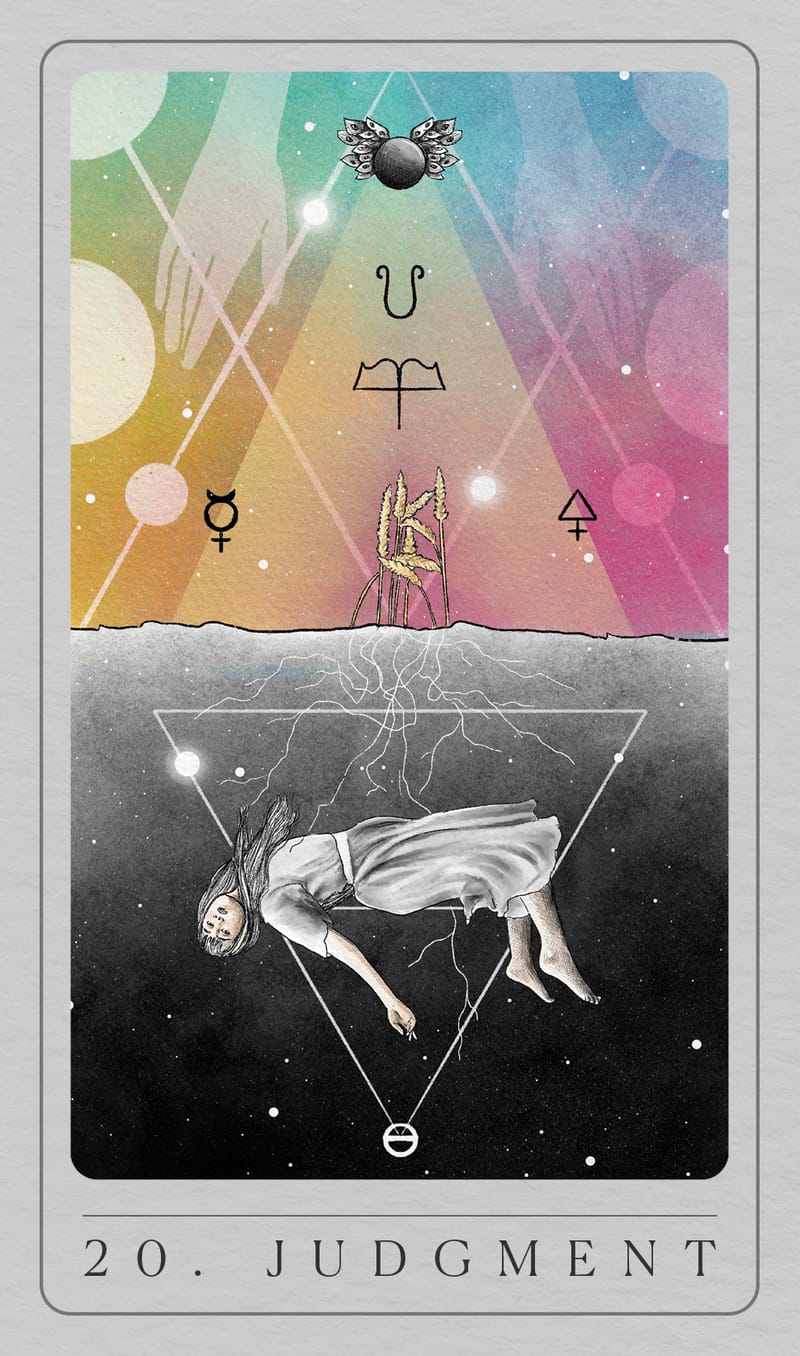 Tarot card titled 'Judgment' with astrological symbols and a person in a dress.