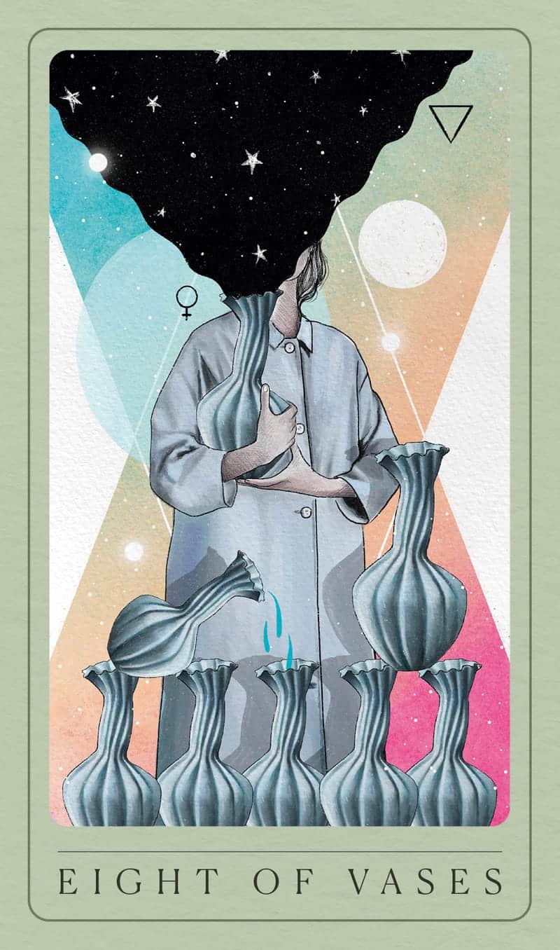 Card from a tarot deck titled 'Eight of Vases' with a person holding vases and a starry sky above.