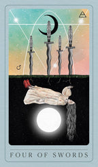 Four of Swords tarot card with a woman lying on the ground and three swords above her.