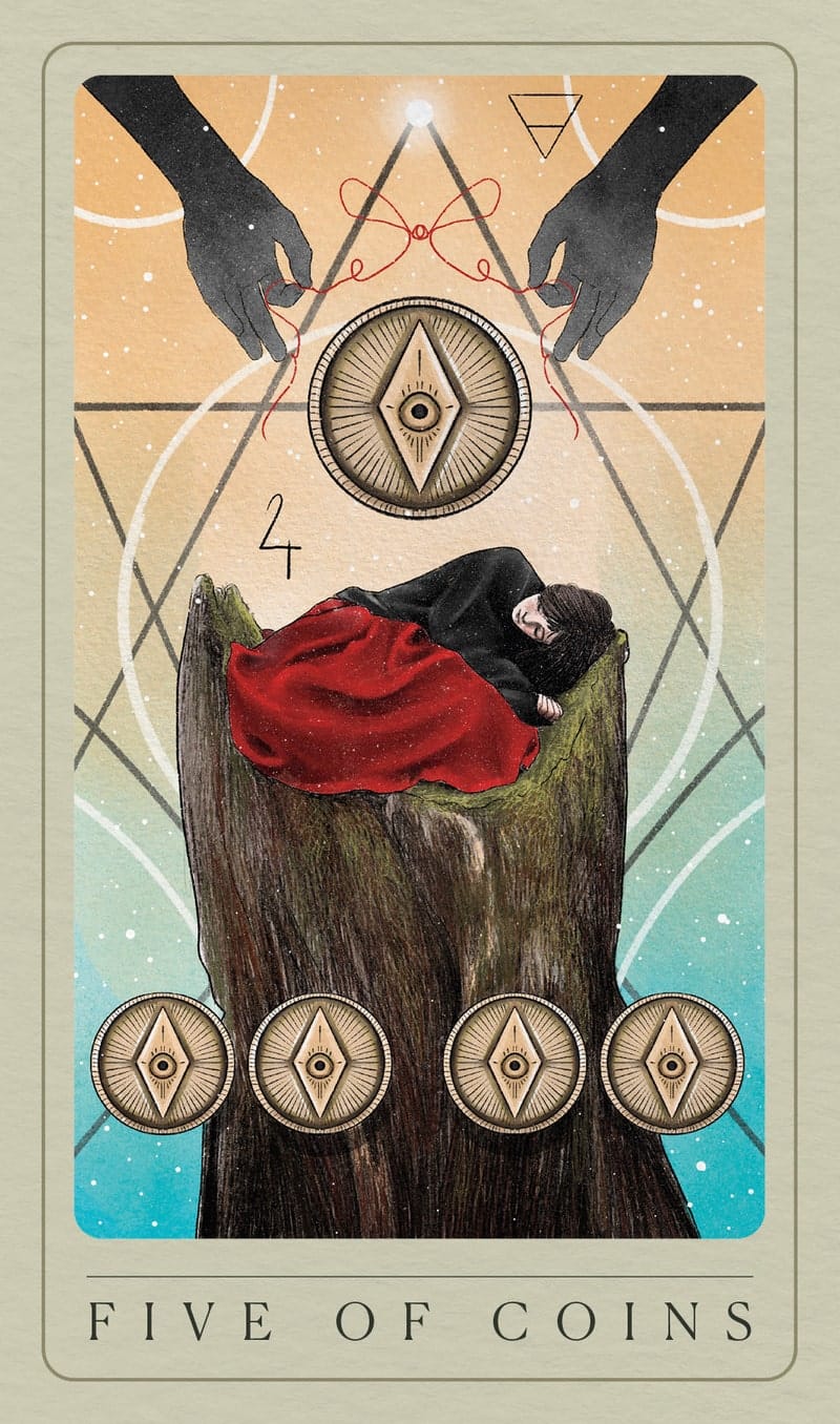 Tarot card featuring a person lying on a log with hands holding coins above, set against a geometric background.