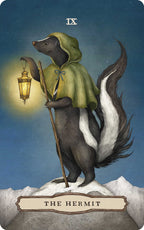 Card featuring a badger in a green hood with a lantern, titled 'The Hermit', against a blue sky.