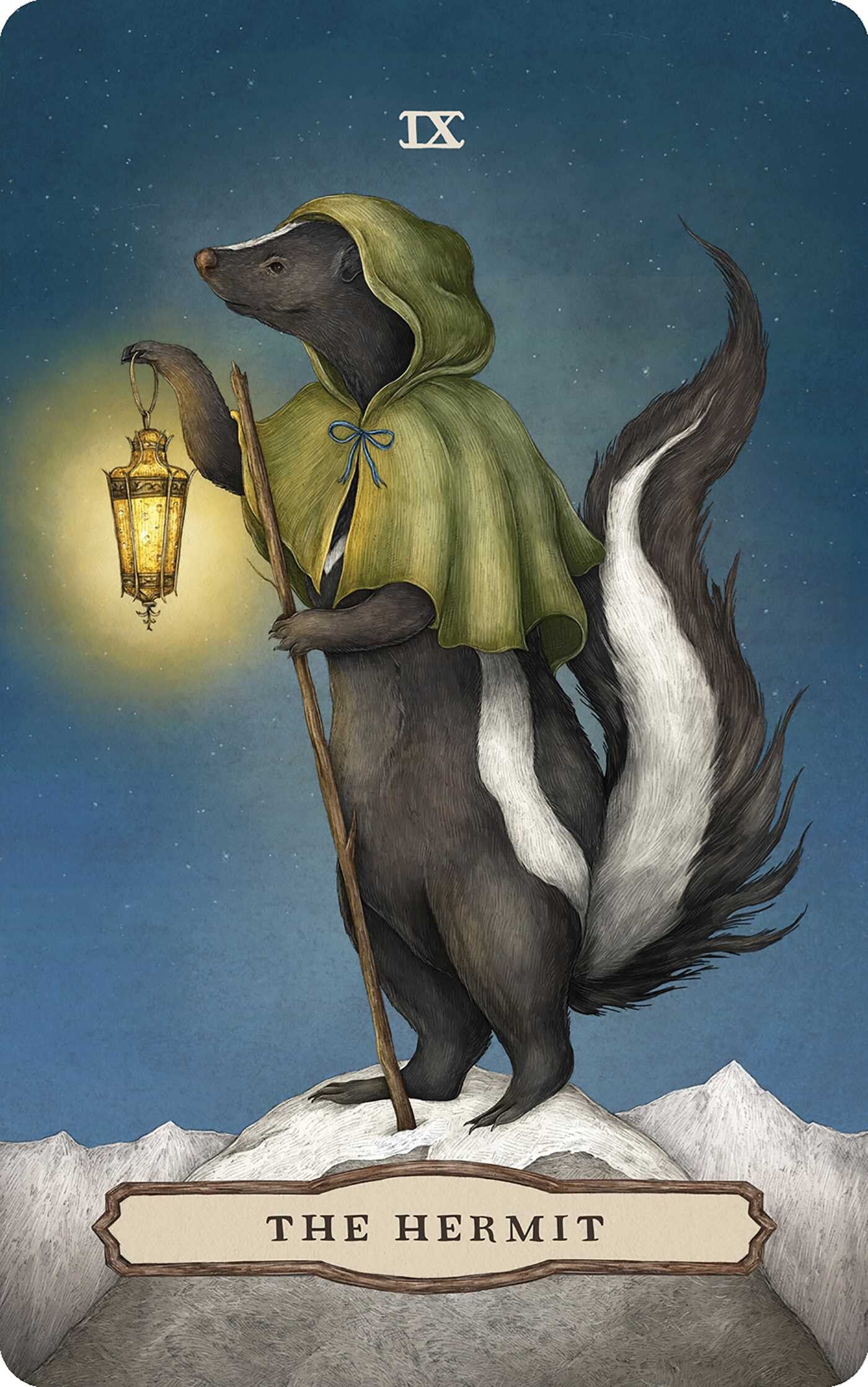 Card featuring a badger in a green hood with a lantern, titled 'The Hermit', against a blue sky.