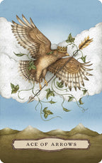 Card featuring a bird with a crown and arrow, labeled 'Ace of Arrows', against a mountain and cloud background.