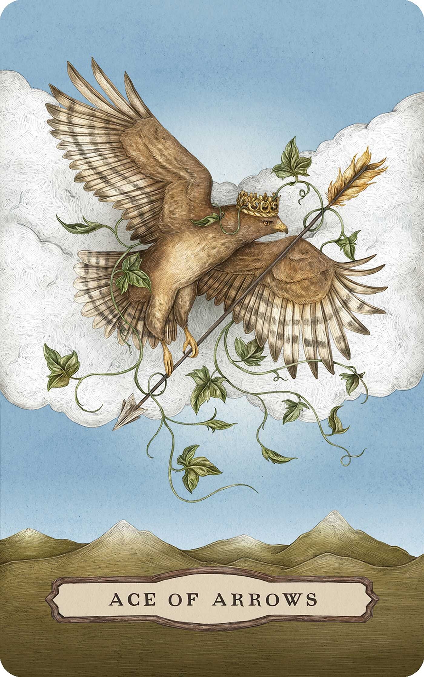 Card featuring a bird with a crown and arrow, labeled 'Ace of Arrows', against a mountain and cloud background.