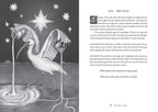 Illustration of a heron with stars and text on a dark background