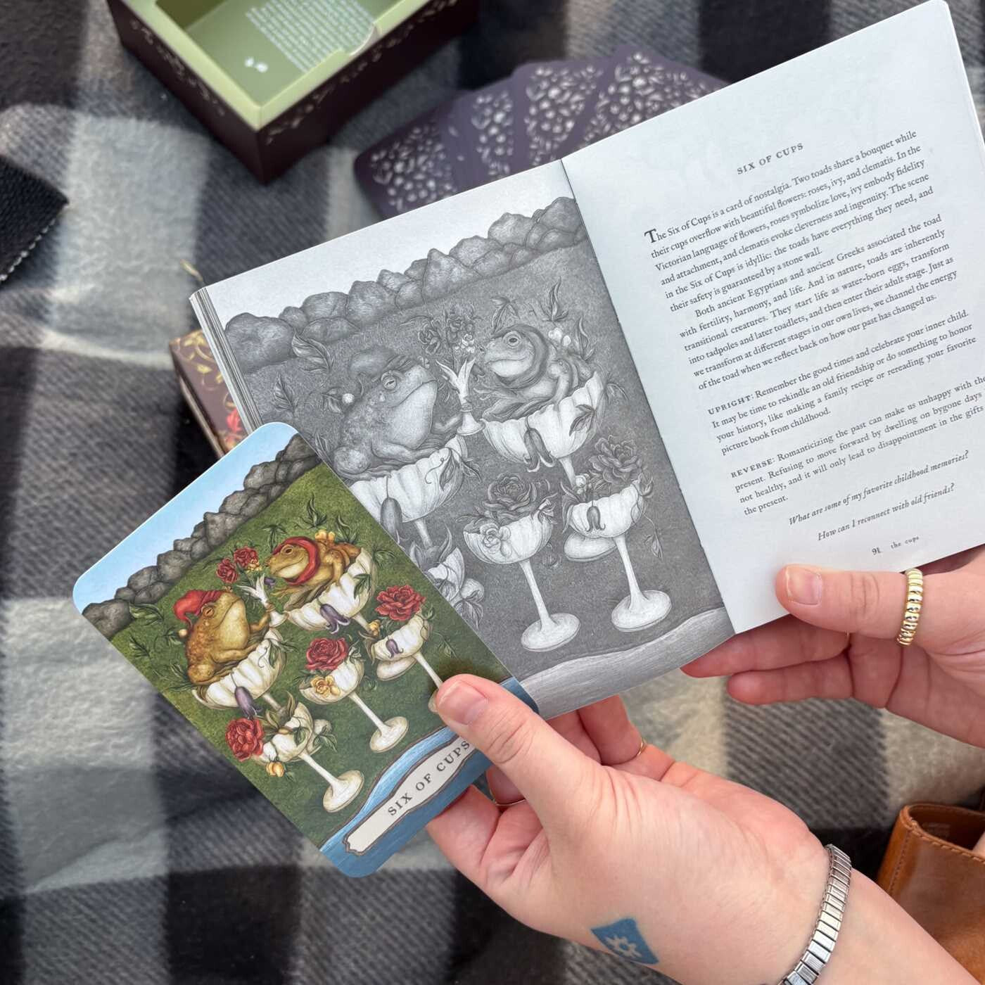 Person holding a book with illustrations and a matching card