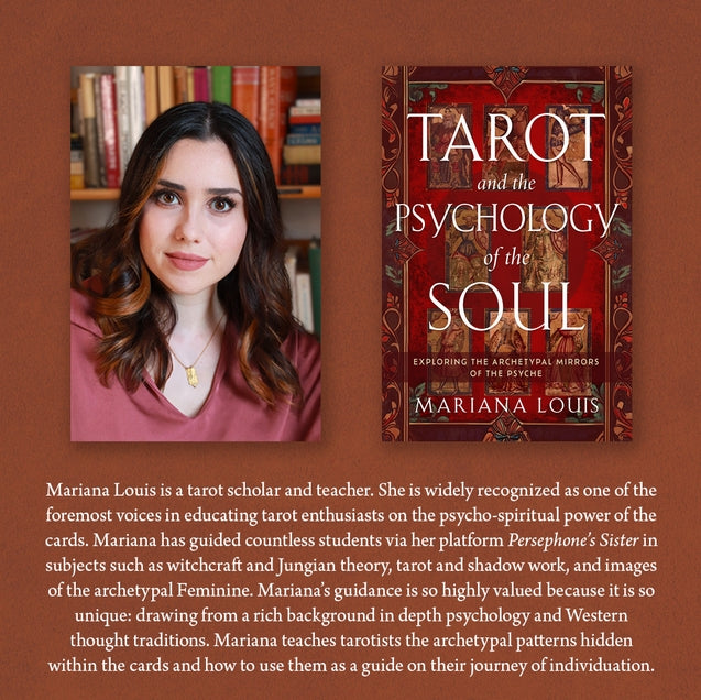 Book cover of 'Tarot and the Psychology of the Soul' by Mariana Louis with a portrait of the author on a brown background.
