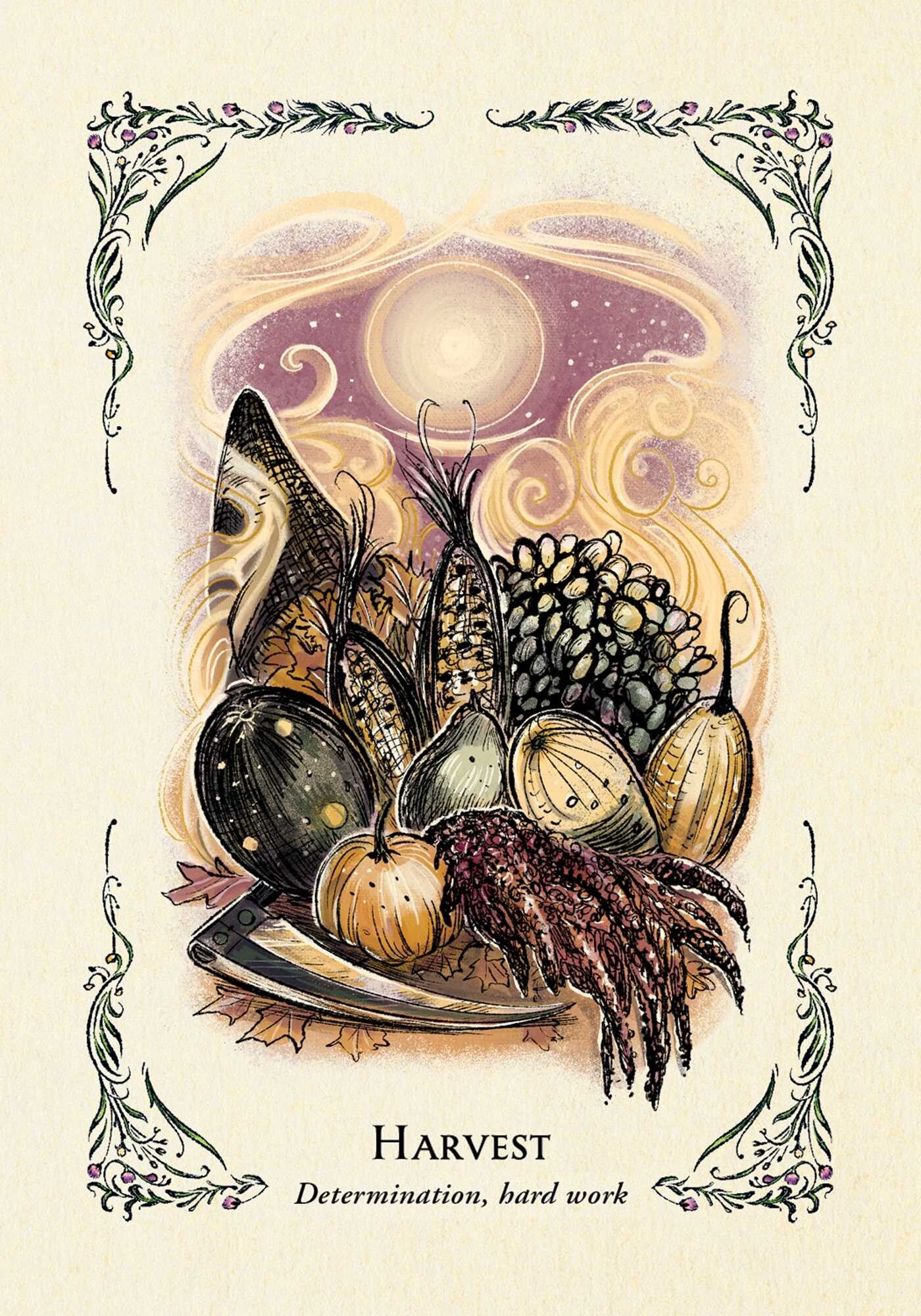 Decorative illustration of harvest elements with a moon and swirls on a beige background.