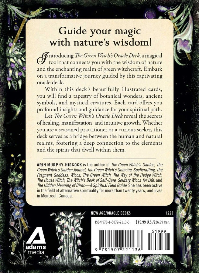 Back cover of 'The Green Witch's Oracle Deck' with nature-themed illustrations and text.