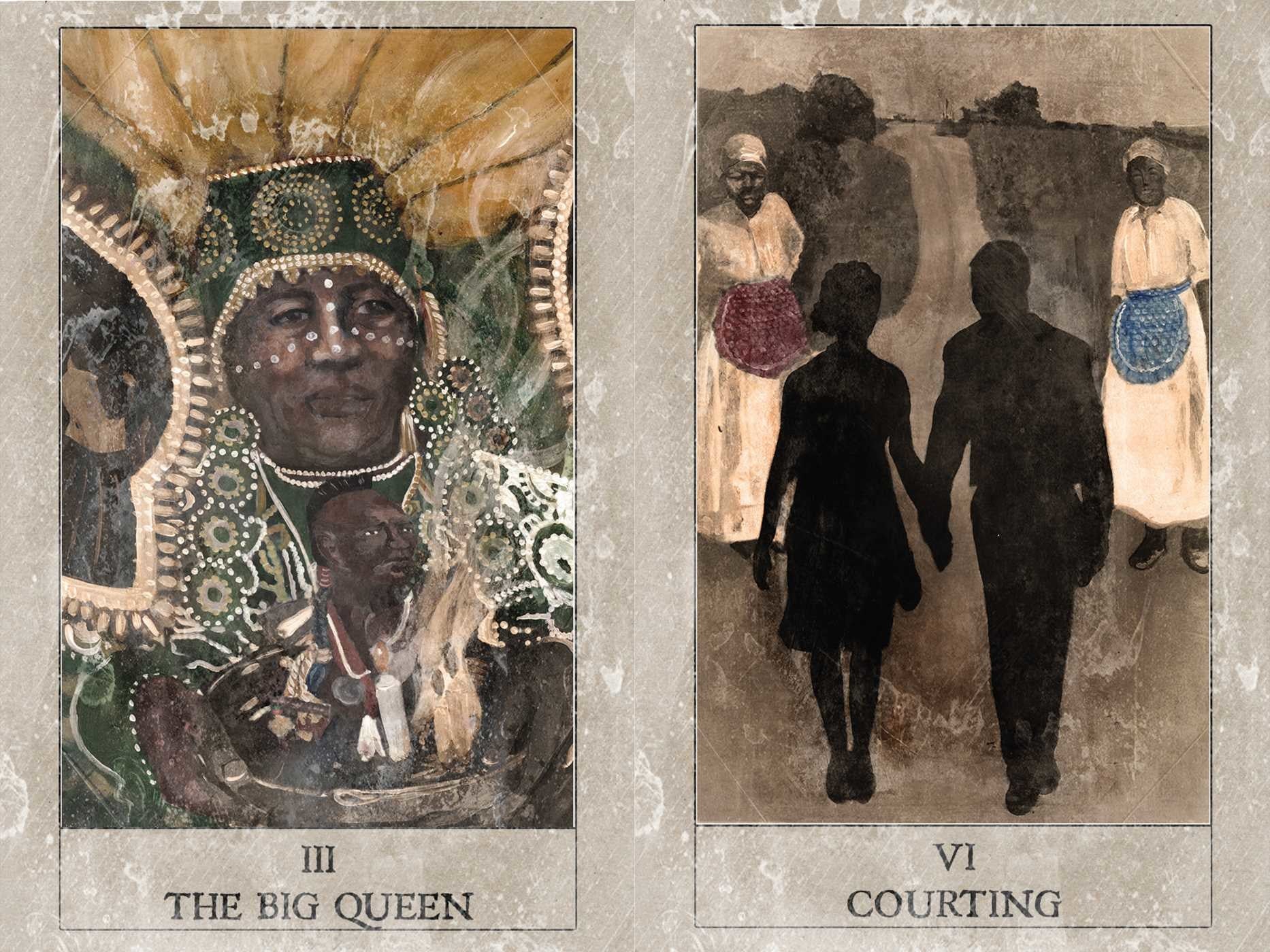 Two tarot cards titled 'The Big Queen' and 'Courting' with detailed illustrations.