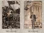 Two tarot card images: 'The Railroad' with a steam locomotive and 'Dr. Buzzard' with a man in a suit.