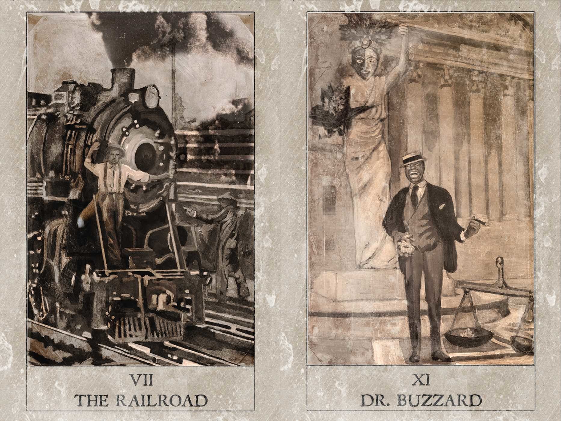 Two tarot card images: 'The Railroad' with a steam locomotive and 'Dr. Buzzard' with a man in a suit.