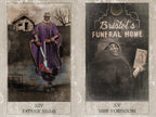 Two tarot cards titled 'Father Simms' and 'Miss Robinson' from Bristol's Funeral Home.