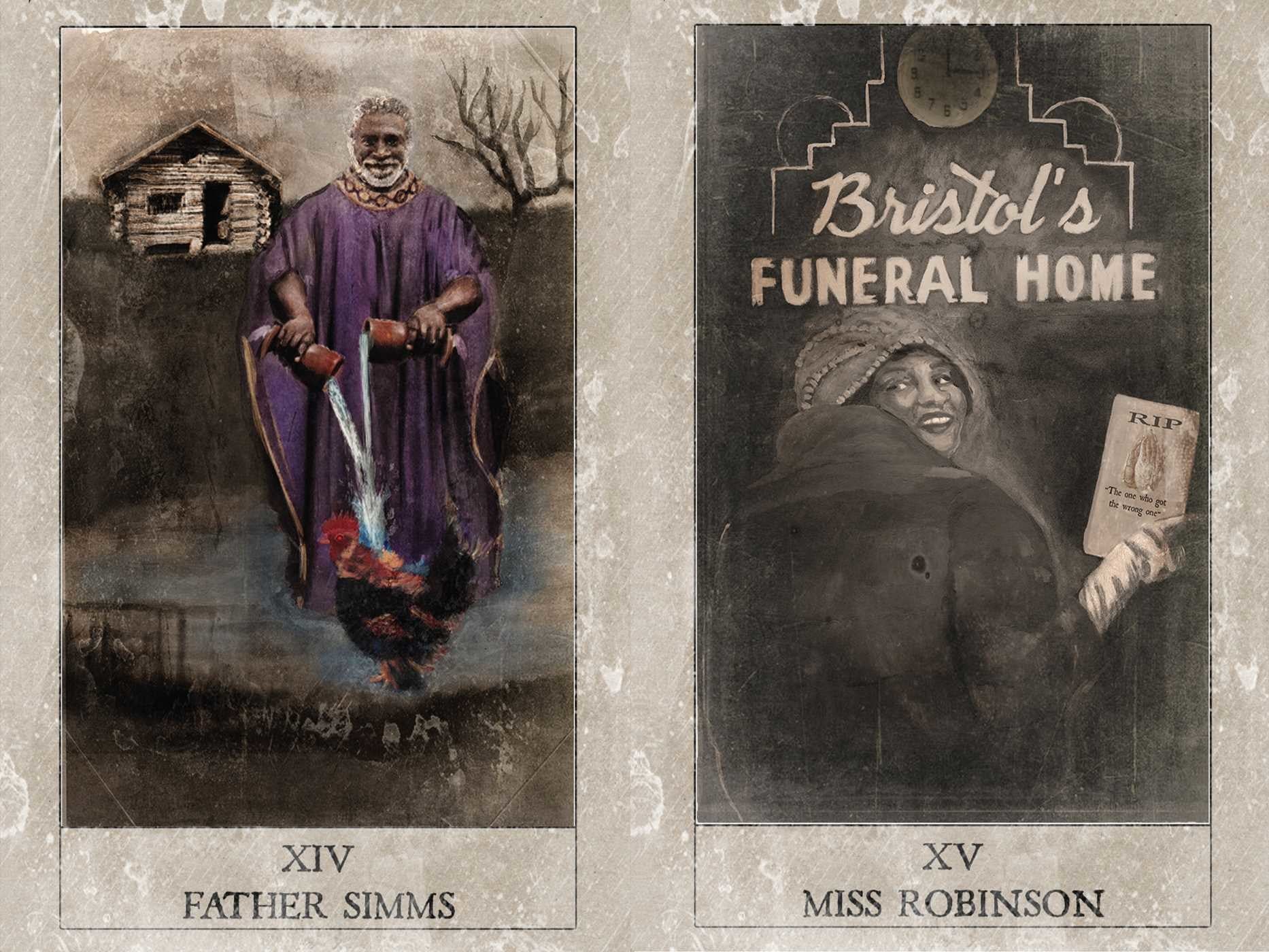 Two tarot cards titled 'Father Simms' and 'Miss Robinson' from Bristol's Funeral Home.