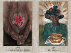 Two tarot card illustrations: 'The Grandchildren' with hands holding a flower and 'Big Mama' with a woman holding bread.