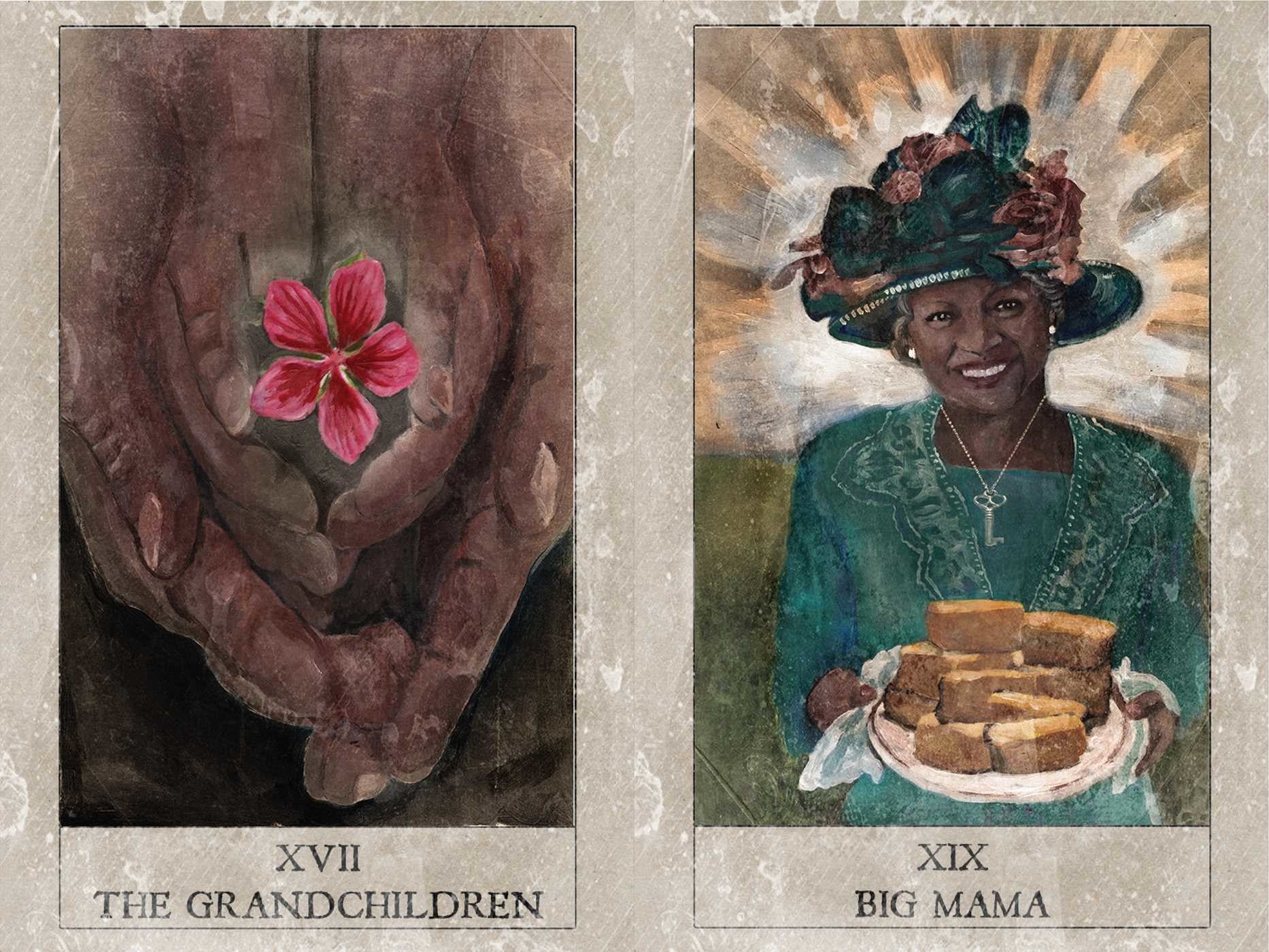 Two tarot card illustrations: 'The Grandchildren' with hands holding a flower and 'Big Mama' with a woman holding bread.