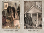 Two tarot card illustrations titled 'Daughter of Coins' and 'Son of Knives' with people and a house.