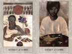 Two tarot cards titled 'Mother of Coins' and 'Father of Coins' with illustrations of a woman and a man, respectively.