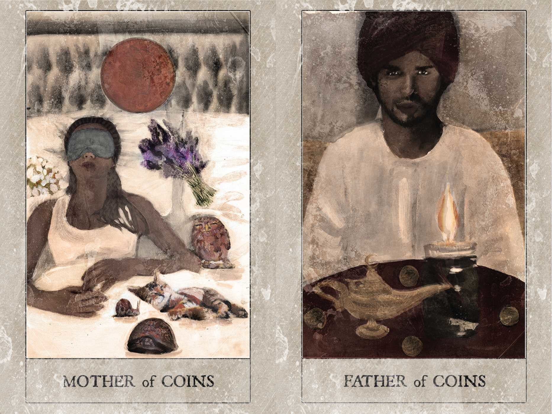 Two tarot cards titled 'Mother of Coins' and 'Father of Coins' with illustrations of a woman and a man, respectively.
