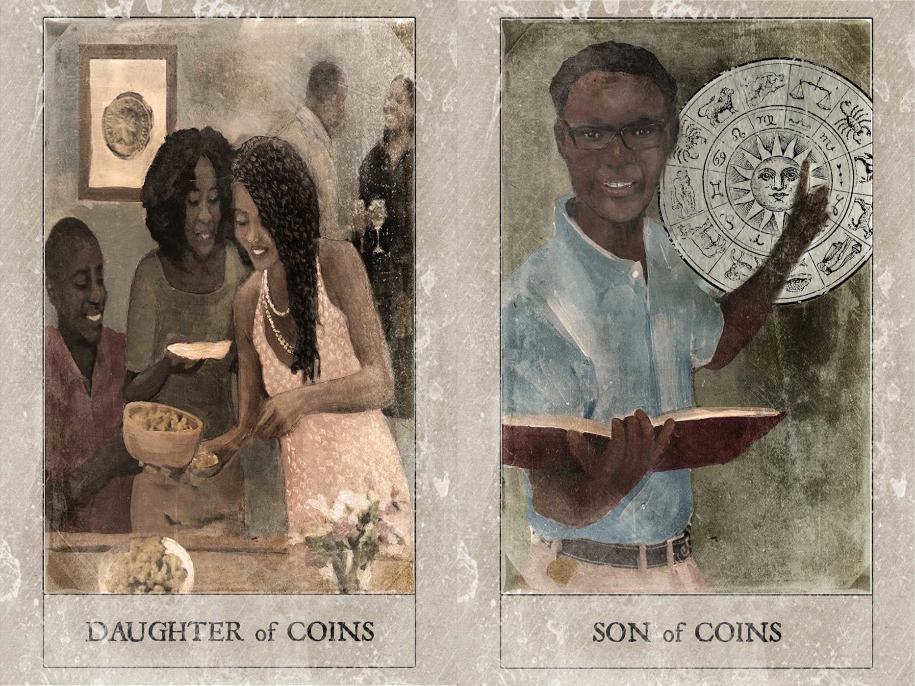 Two tarot card-style illustrations of a family with text 'Daughter of Coins' and 'Son of Coins'.