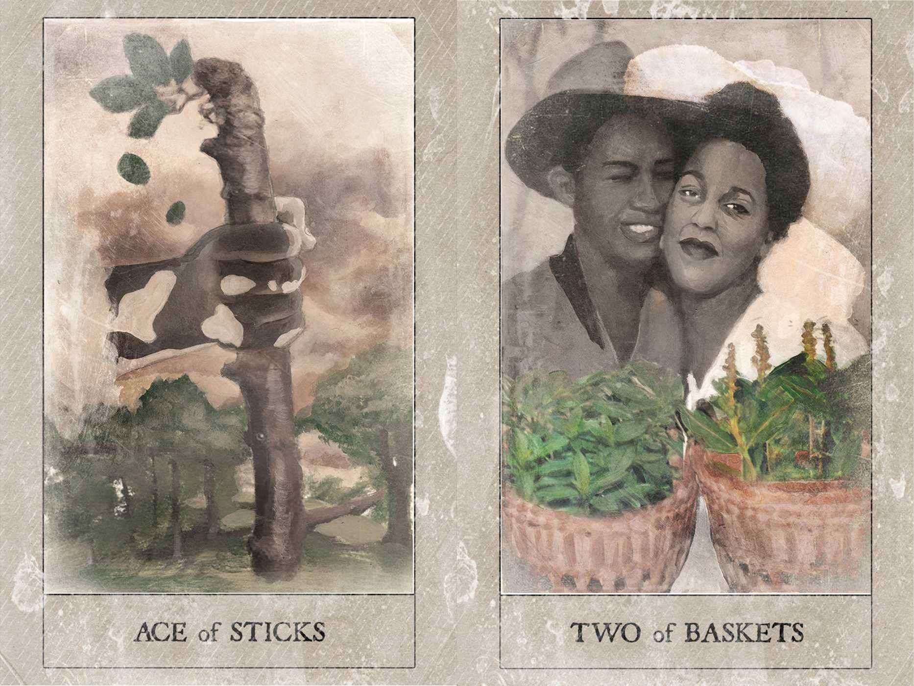 Two tarot card images labeled 'Ace of Sticks' and 'Two of Baskets' with natural and human elements.