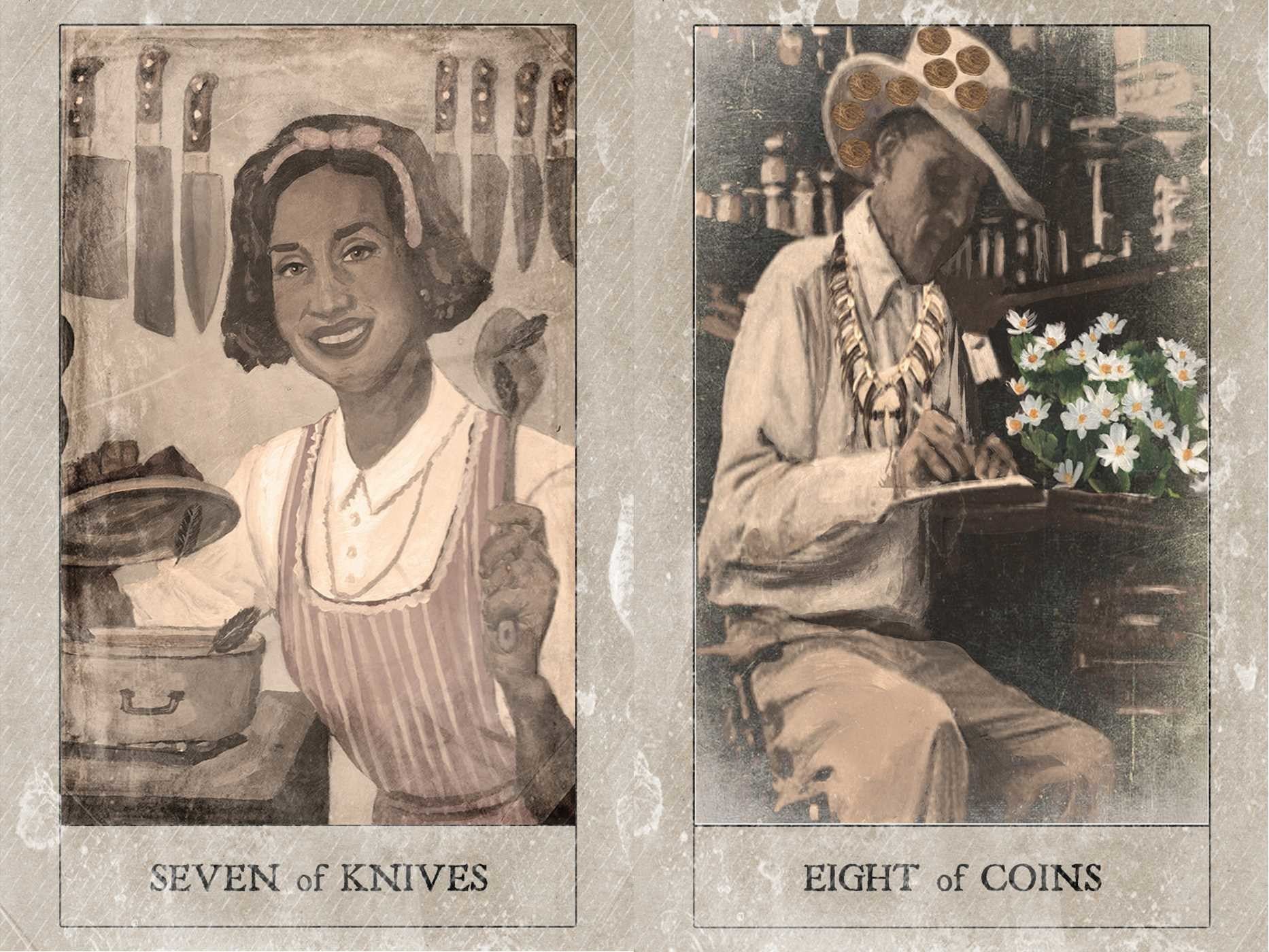 Two tarot card illustrations labeled 'Seven of Knives' and 'Eight of Coins' with vintage-style backgrounds.