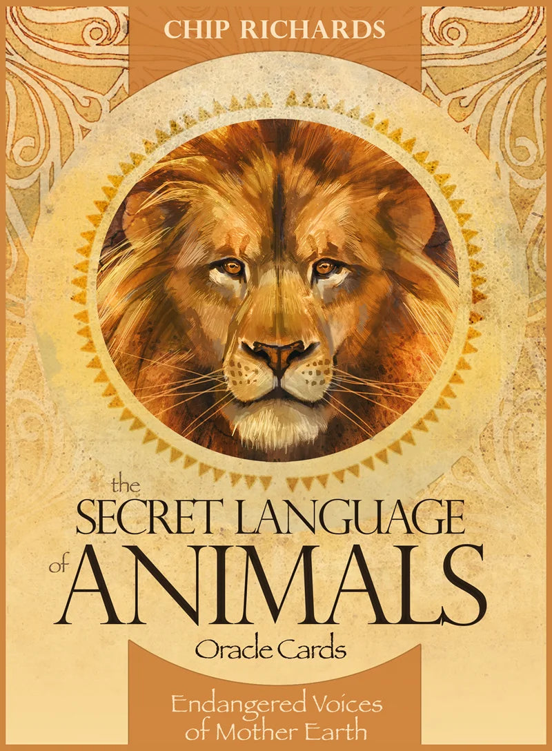 Front cover of 'The Secret Language of Animals Oracle Cards' by Chip Richards, featuring a detailed lion illustration in a circular frame on a warm beige and brown background with ornamental corner details.