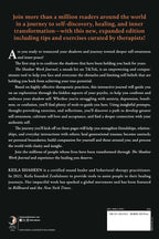 Back cover of a book titled 'The Shadow Work Journal' by Keila Shaheen, featuring a black background with orange and white text, a small illustration of a tree with shadow roots, and a barcode at the bottom right.