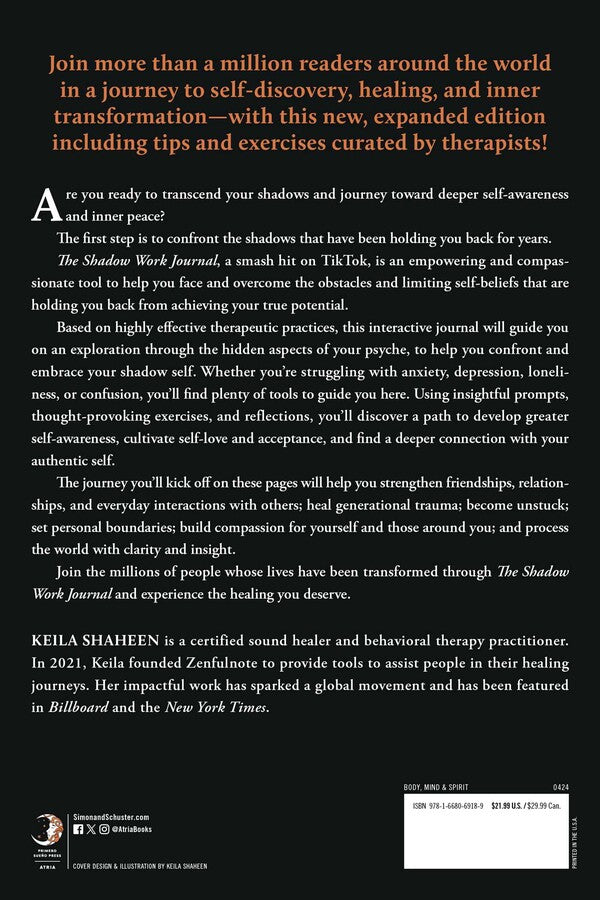 Back cover of a book titled 'The Shadow Work Journal' by Keila Shaheen, featuring a black background with orange and white text, a small illustration of a tree with shadow roots, and a barcode at the bottom right.