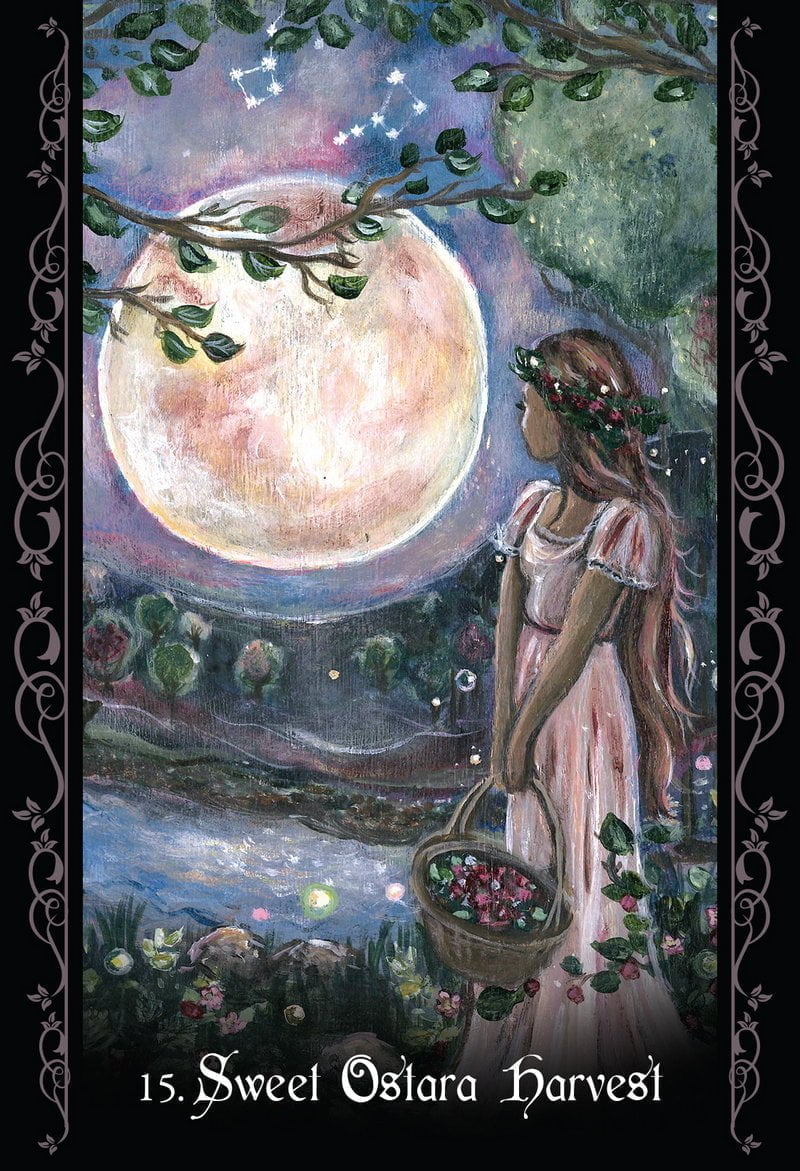 Fairy under a moonlit sky with a basket of flowers, titled 'Sweet Oslara Harvest'.