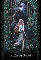 Artistic depiction of a woman with long hair in a forest under a moonlit sky, with decorative elements.