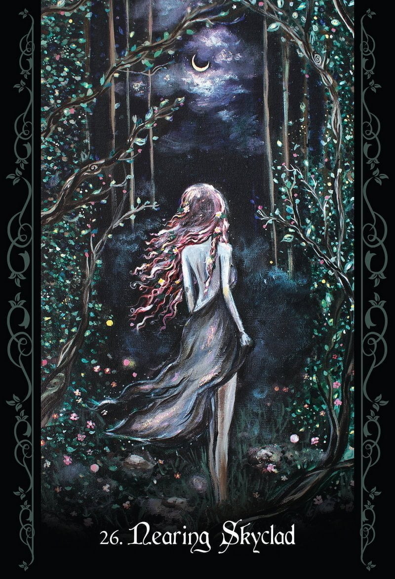 Artistic depiction of a woman with long hair in a forest under a moonlit sky, with decorative elements.