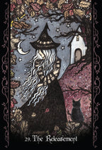 Artistic depiction of a witch with long hair and a black cat, set against a mystical background with trees and a house.