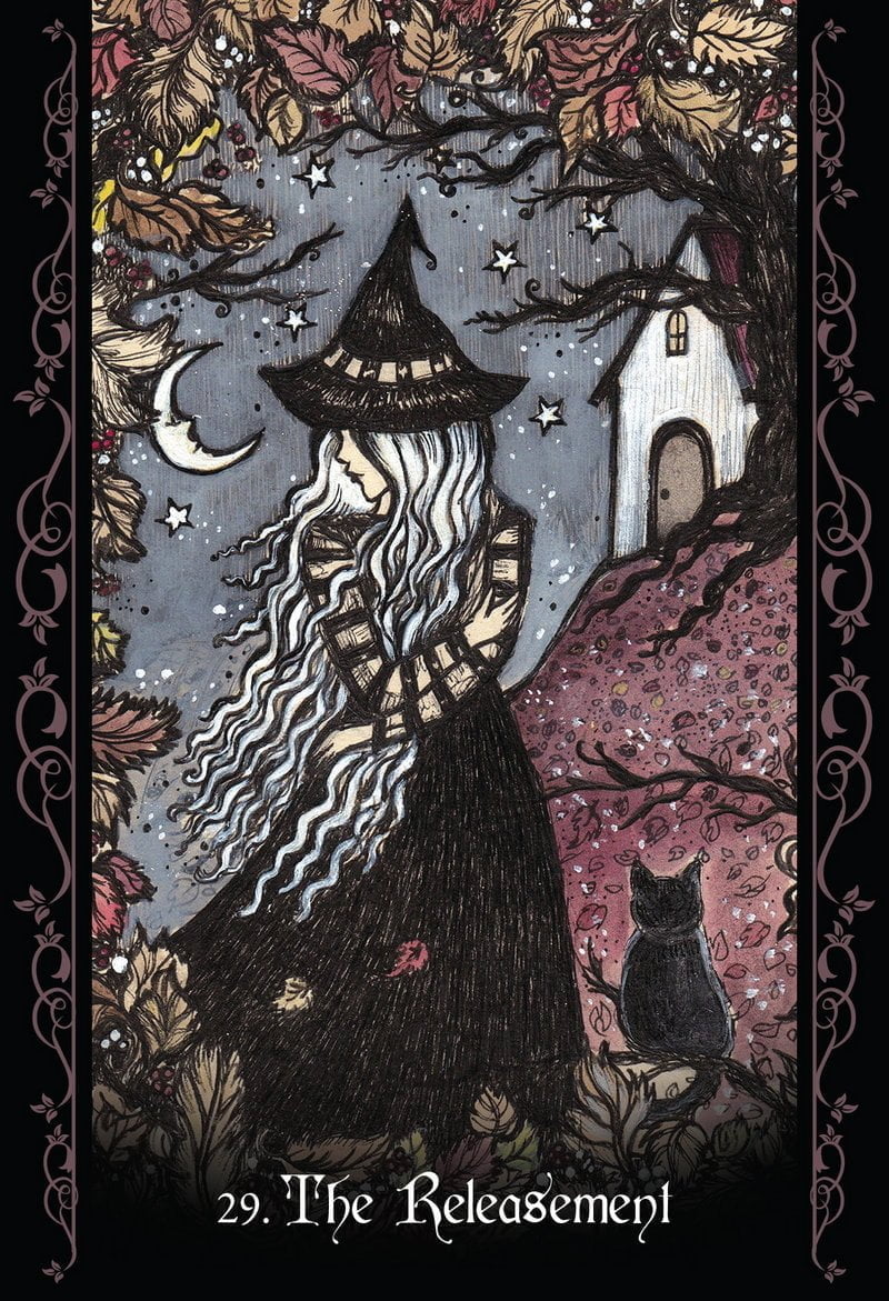 Artistic depiction of a witch with long hair and a black cat, set against a mystical background with trees and a house.