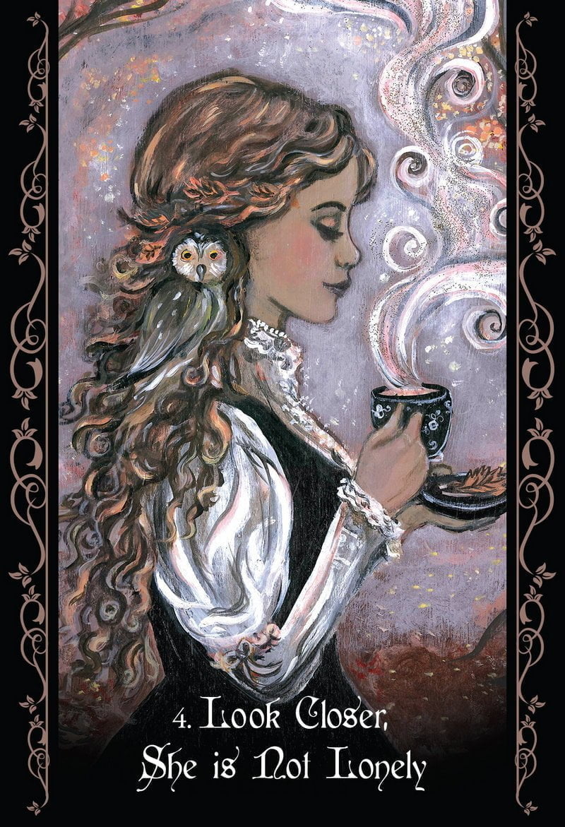 Artistic depiction of a woman with an owl on her shoulder holding a cup, with decorative elements.