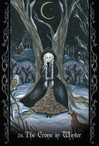 Artistic depiction of a woman in a dark coat with an owl and a dog, standing in a snowy landscape with trees and a moon.