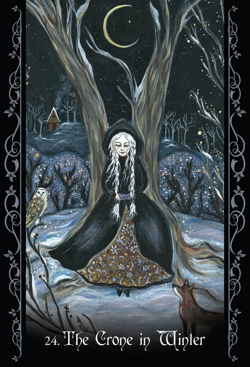 Artistic depiction of a woman in a dark coat with an owl and a dog, standing in a snowy landscape with trees and a moon.