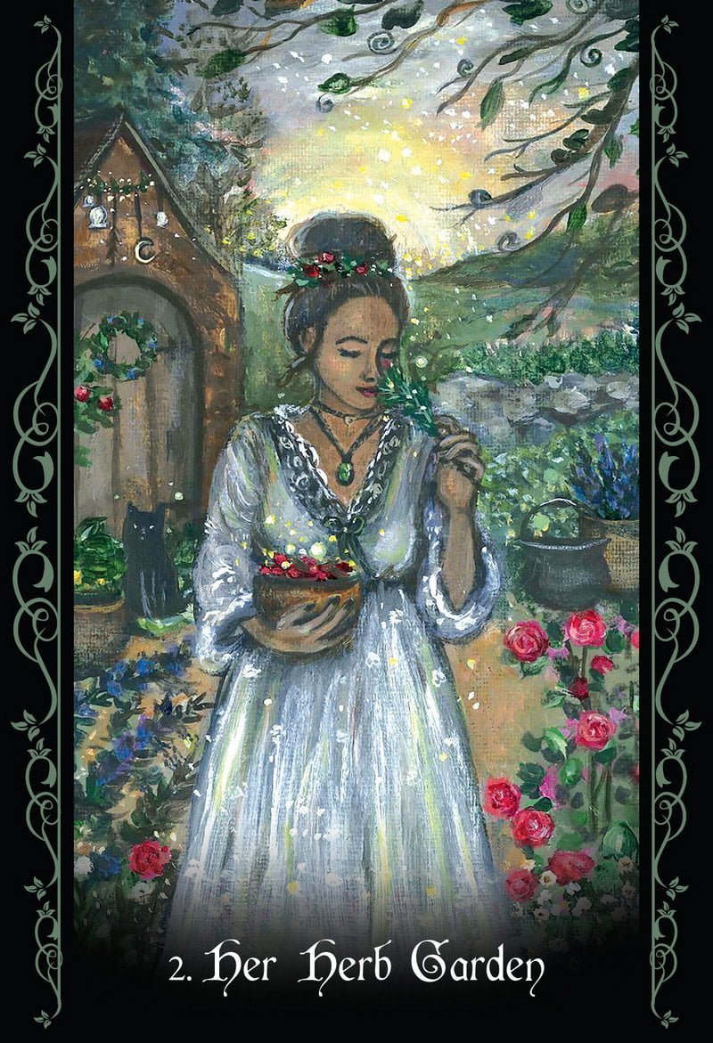 Woman in a garden holding a basket of herbs with a mystical atmosphere.