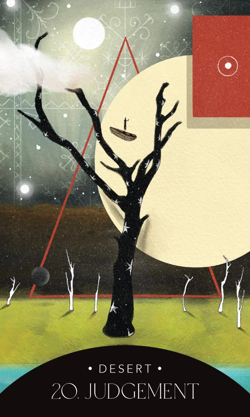 Artistic depiction of a tree with geometric shapes and celestial elements, titled 'Desert 20. Judgement'.