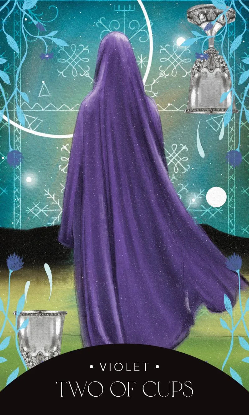 Card featuring a figure in a purple hooded cloak with 'Two of Cups' text and tarot card design elements.