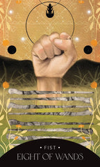 Card featuring a fist breaking through a fence with a mystical background