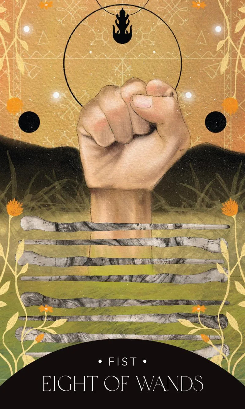 Card featuring a fist breaking through a fence with a mystical background