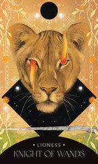 Illustration of a lioness with a mystical design, labeled 'Knight of Wands'.