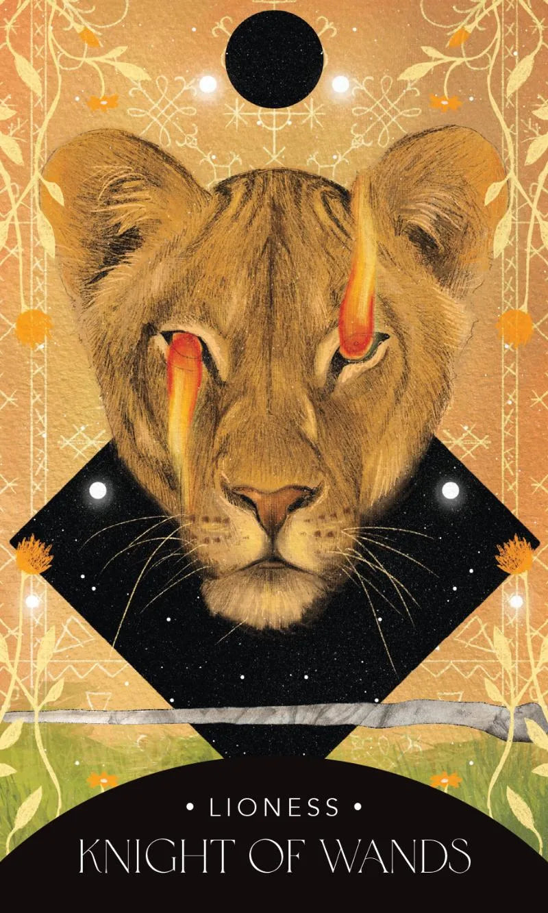 Illustration of a lioness with a mystical design, labeled 'Knight of Wands'.